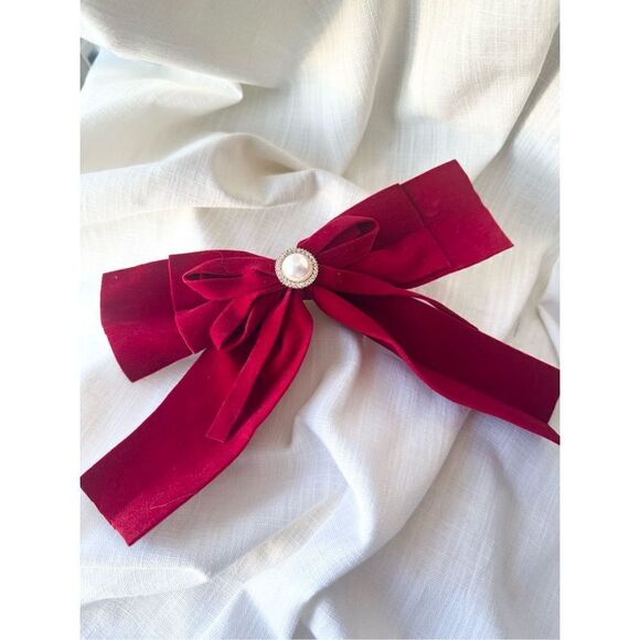 Boutique Accessories - Christmas red pearl button hair bow with rhinestone accents. French clip close.